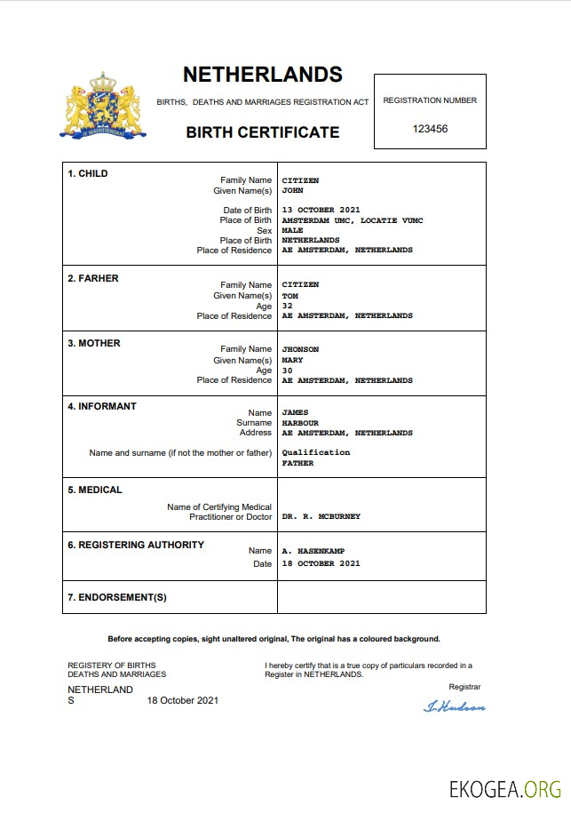 Modèle Word et PDF d'acte de naissance d'acte d'état civil des Pays Bas